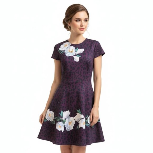 Ted Baker Animal And Floral Print Skater Dress Purple Size XS Size 1 TB - Picture 3 of 17